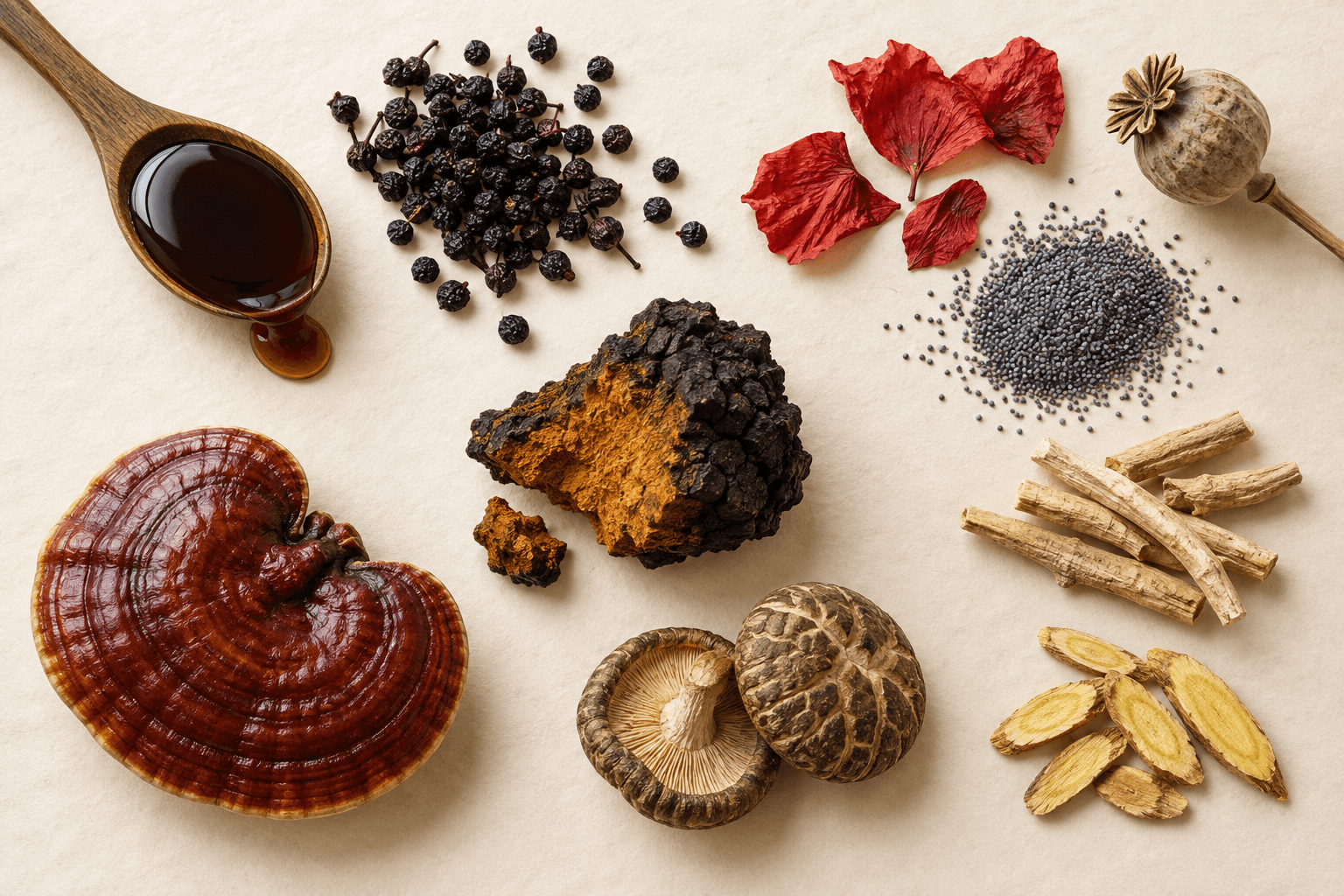 Zložky produktu Ježíšův klid: Medovicový med, Baza čierna, Vlčí mak, Mak siaty, Chaga, Reishi, Shiitake, Bio ašvaganda, Šišák bajkalský