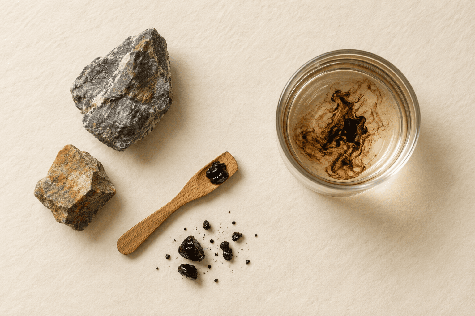 Zložky produktu Shilajit RAW: Surová živica, Až 85 minerálov, Himaláje, Sušený na slnku, V pohári teplej vody