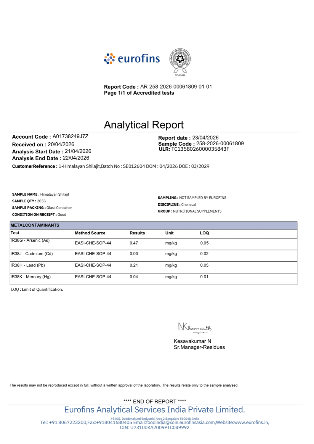 Certifikát Eurofins · analytický report Shilajit RAW, report AR-258-2026-00061809-01