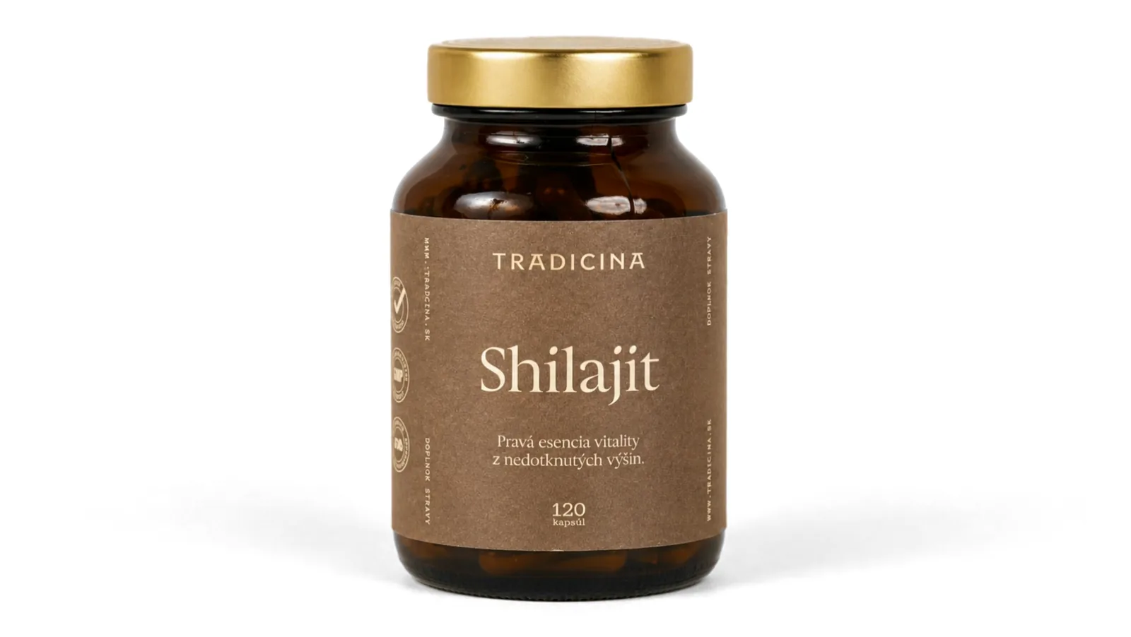 Fľaštička Shilajit sa otvára a vysypú sa z nej kapsuly, okolo sa vznáša živica a kamene z hôr