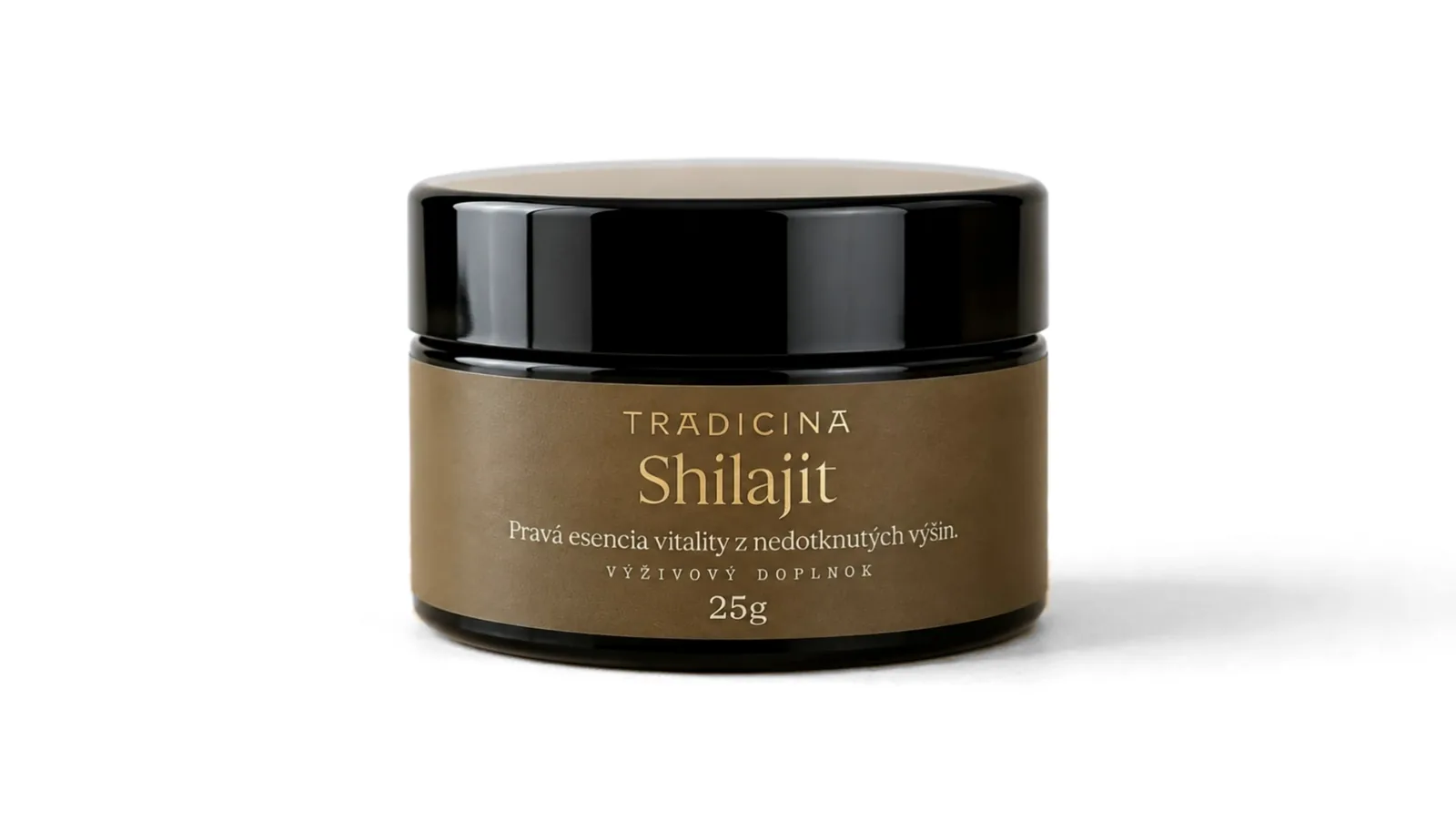 Dóza Shilajit RAW sa otvára, nad ňou drevená lopatka so živicou a kamene z hôr
